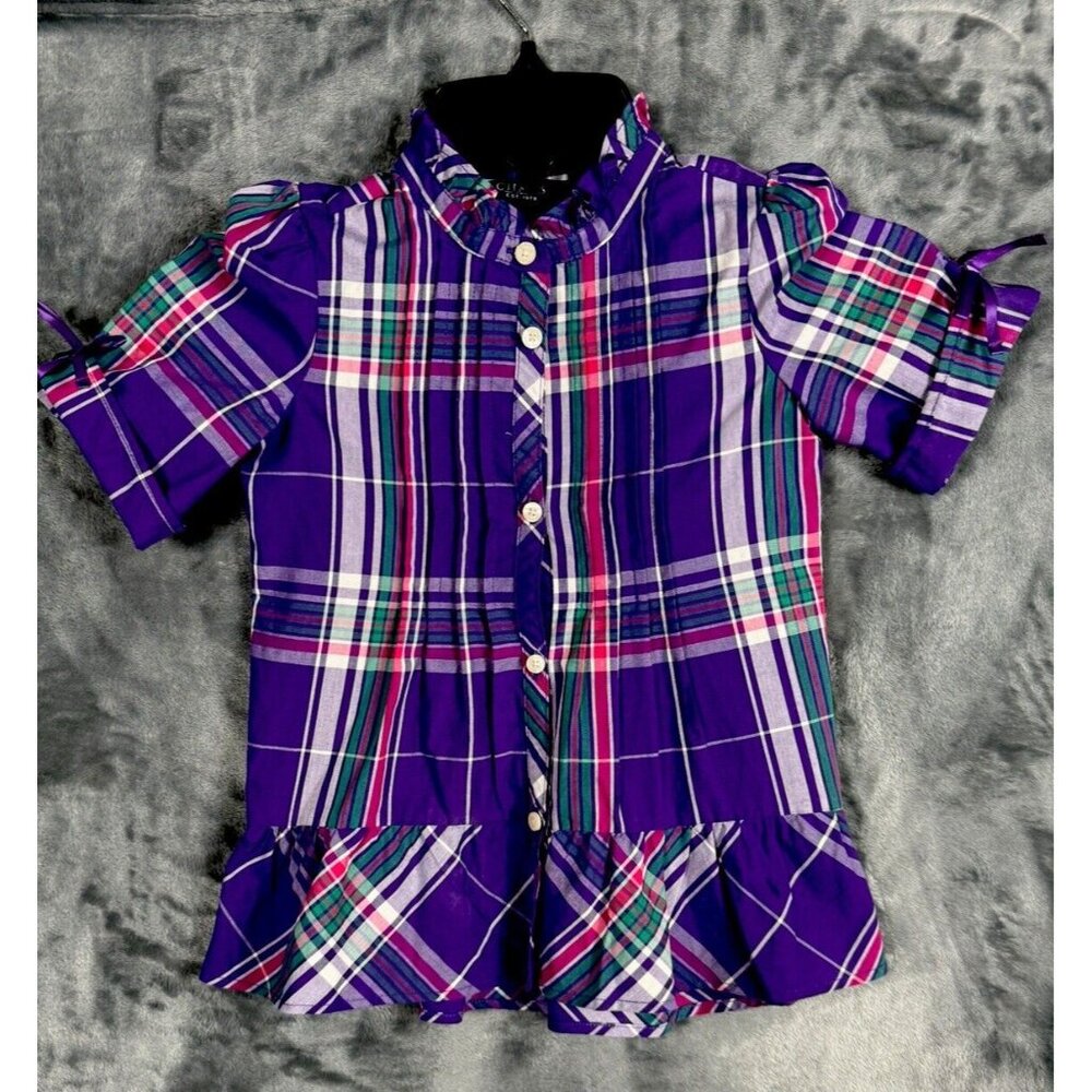 Chaps Little Girl’s Sz 5 Top Short Sleeve Pur/Strip Plaid Ruffled Collar Pleated - Picture 2 of 12